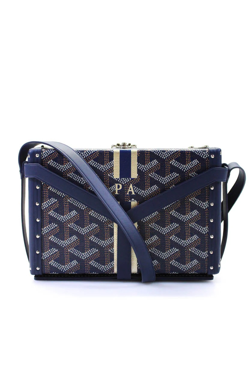 Goyard Women's Leather Trim Goyardine Minaudière Trunk Crossbody Bag Blue | Shop Simon