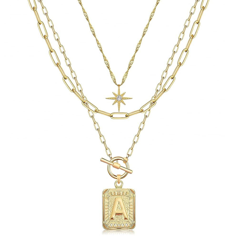 MJartoria Layered Initial Necklaces for Women Trendy, 14K Gold Plated Simple Star Choker Square L... | Amazon (US)