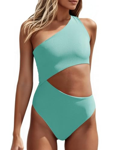 Women's One Piece Ribbed Swimsuit One Shoulder Cutout Swimwear Sexy Bathing Suit | Amazon (US)