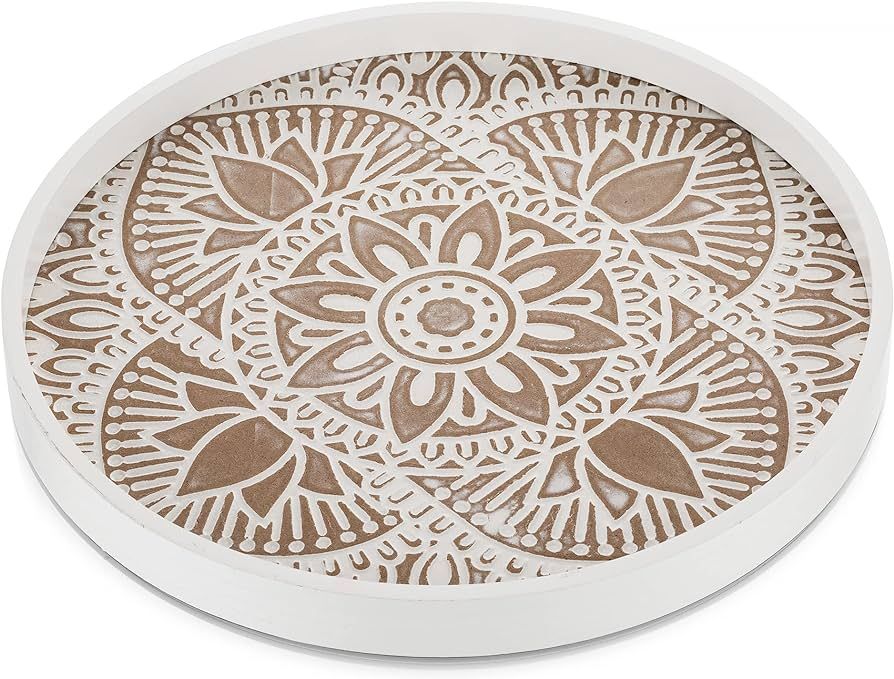 Hanobe Round Wood Decorative Tray: Rustic Coffee Table Tray Farmhouse Tray Decor White Washed Cen... | Amazon (US)