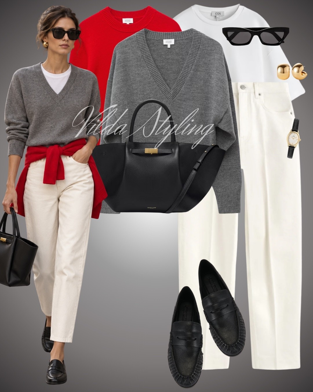 A pop of red makes this simple autumn outfit stand out ❤️ Grey V-neck knit, cream jeans and black loafers for an easy, polished look.

#LTKautumn #LTKworkwear #LTKstyletip