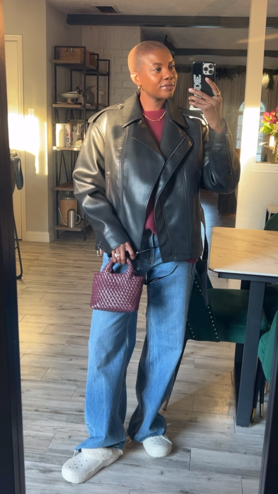 Casual Valentine’s Day outfit for the chill girl! Maroon sweater, vegan leather moto jacket, wide leg jeans and woven mini purse with fleece lined crocs   


#LTKValentine