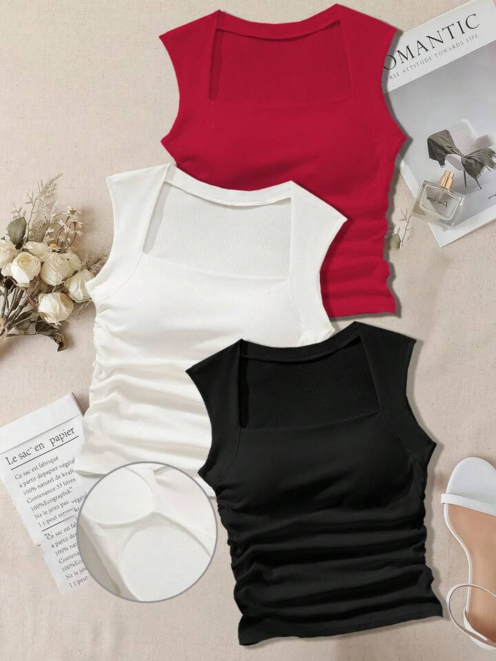 SHEIN EZwear Plus Size Summer Casual Solid Color Ruched Slim Fit Vest | SHEIN