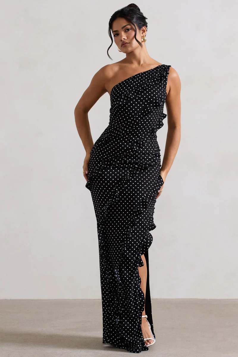 Zafra | Black Polka Dot Asymmetric Ruffle Maxi Dress | Club L London