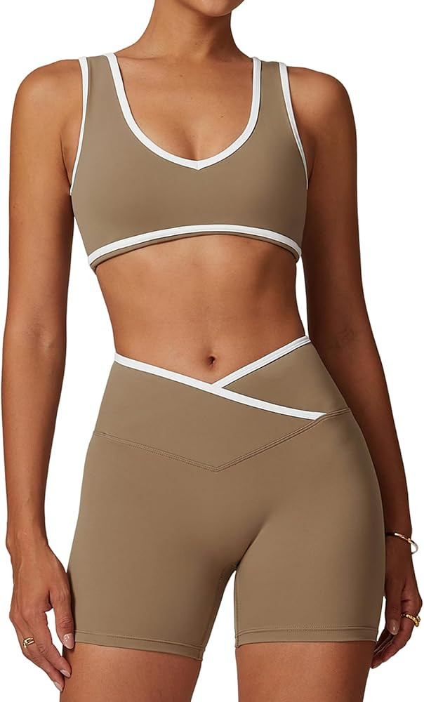 Two Piece Workout Sets for Women Color Block Sports Bra and Scrunch Butt Lifting Shorts Gym Yoga ... | Amazon (US)