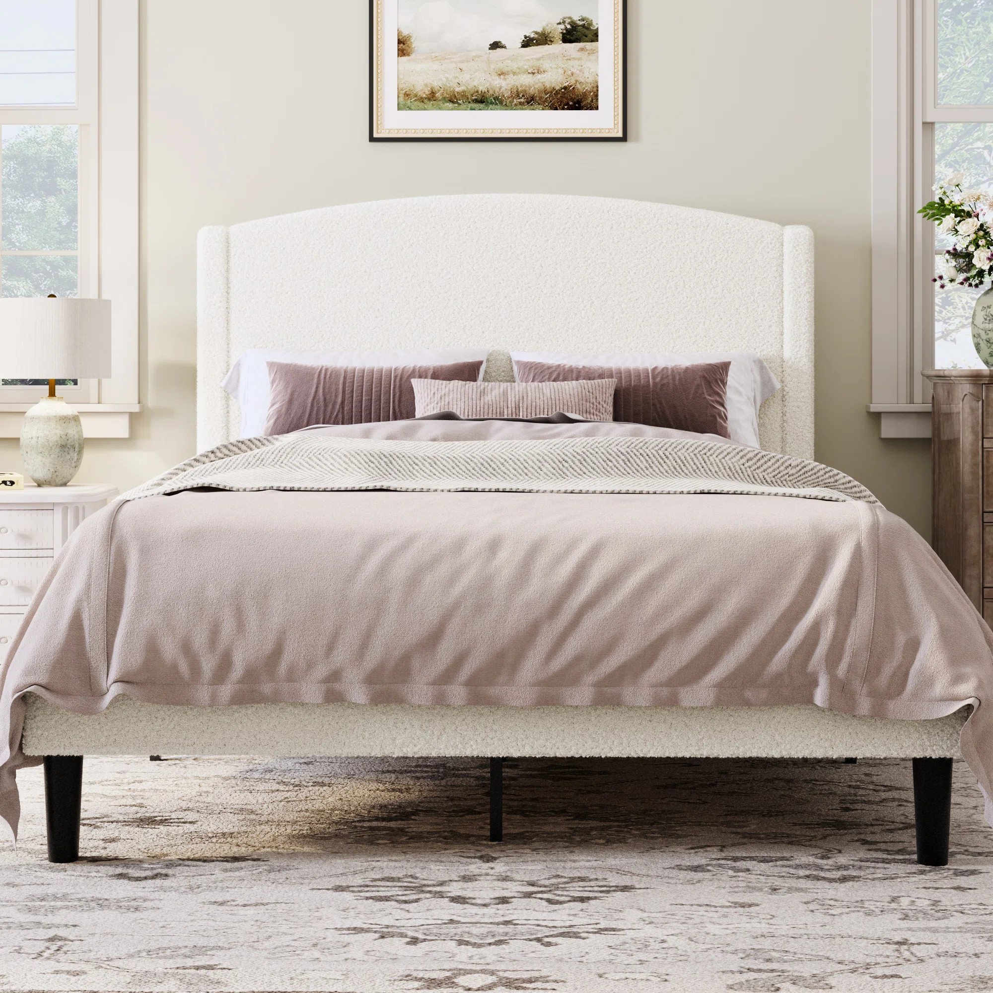 Chic Teddy Fleece Upholstered Platform Bed With Curve-Shaped Headboard, Modern Soft Boucle Fabric Bed Frame, Solid Wood Slat Support, No Box Spring Ne | Wayfair North America