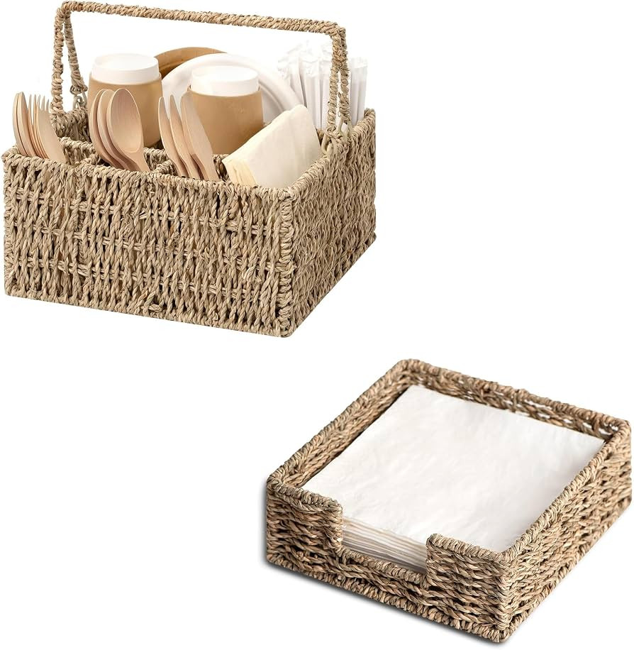 StorageWorks Bundle of 1-Pack Wicker Silverware Organizer with Handle & 1-Pack Seagrass Napkin Ho... | Amazon (US)