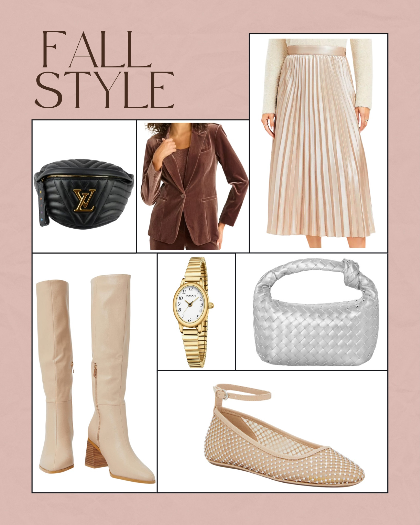 Fall style. Fall fashion. Satin. Neutral. Midi skirt. Maxi skirt. Pleated boots. Ballet flats. Look for less. Handbag. Purse. Accessories. Watch. Designer. Luxury. Belt bag. Velvet blazer  

#LTKFindsUnder100 #LTKStyleTip #LTKSeasonal