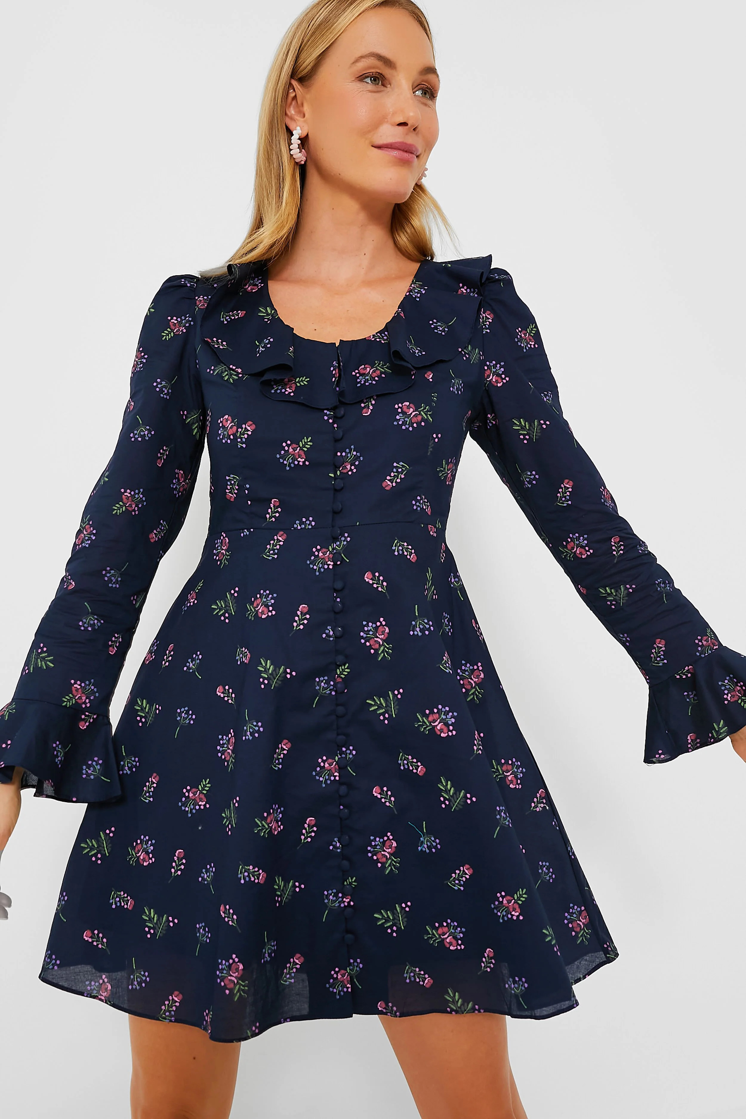 Navy Floral Ruffle Neck Norah Mini Dress | Tuckernuck (US)
