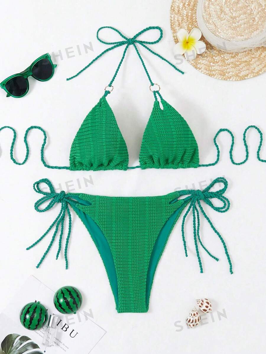 SHEIN Swim Conjunto de bikini de unicolor con textura para mujer, playa de verano | SHEIN