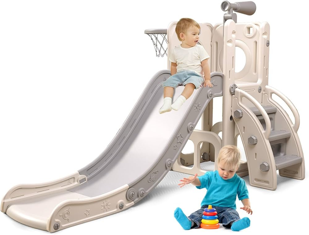 6 in 1 Toddler Playset with Slide,Toddler Slide,Slide for Kids with Basketball Hoop,Ball,Ring Tos... | Amazon (US)