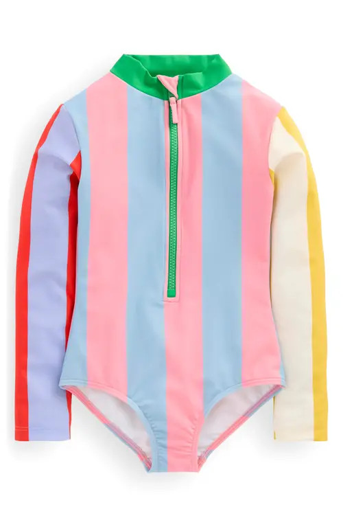 Mini Boden Kids' Long Sleeve Zip-Up One-Piece Rashguard Swimsuit in Hotpotch Stripe at Nordstrom, Size 2-3Y | Nordstrom