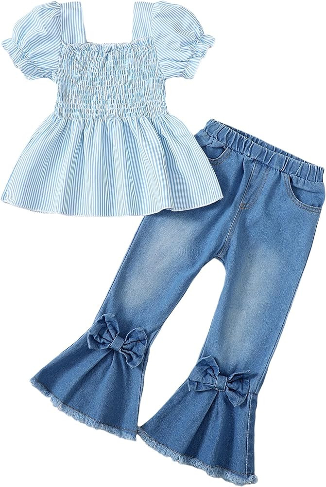 Kucnuzki Toddler Kids Girls Clothes Short Sleeve Shirt Top Flare Denim Jeans 2 Piece Outfits For ... | Amazon (US)