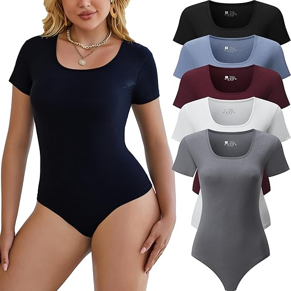 5 Pack Short Sleeve Bodysuits for Women Square Neck Casual Stretchy Basic Body Suits Tops T Shirt... | Amazon (US)