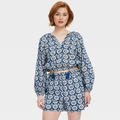 Women's Daisy Floral Long Sleeve Tie-Neck Boho Top Navy Blue - Roller Rabbit x Target S | Target