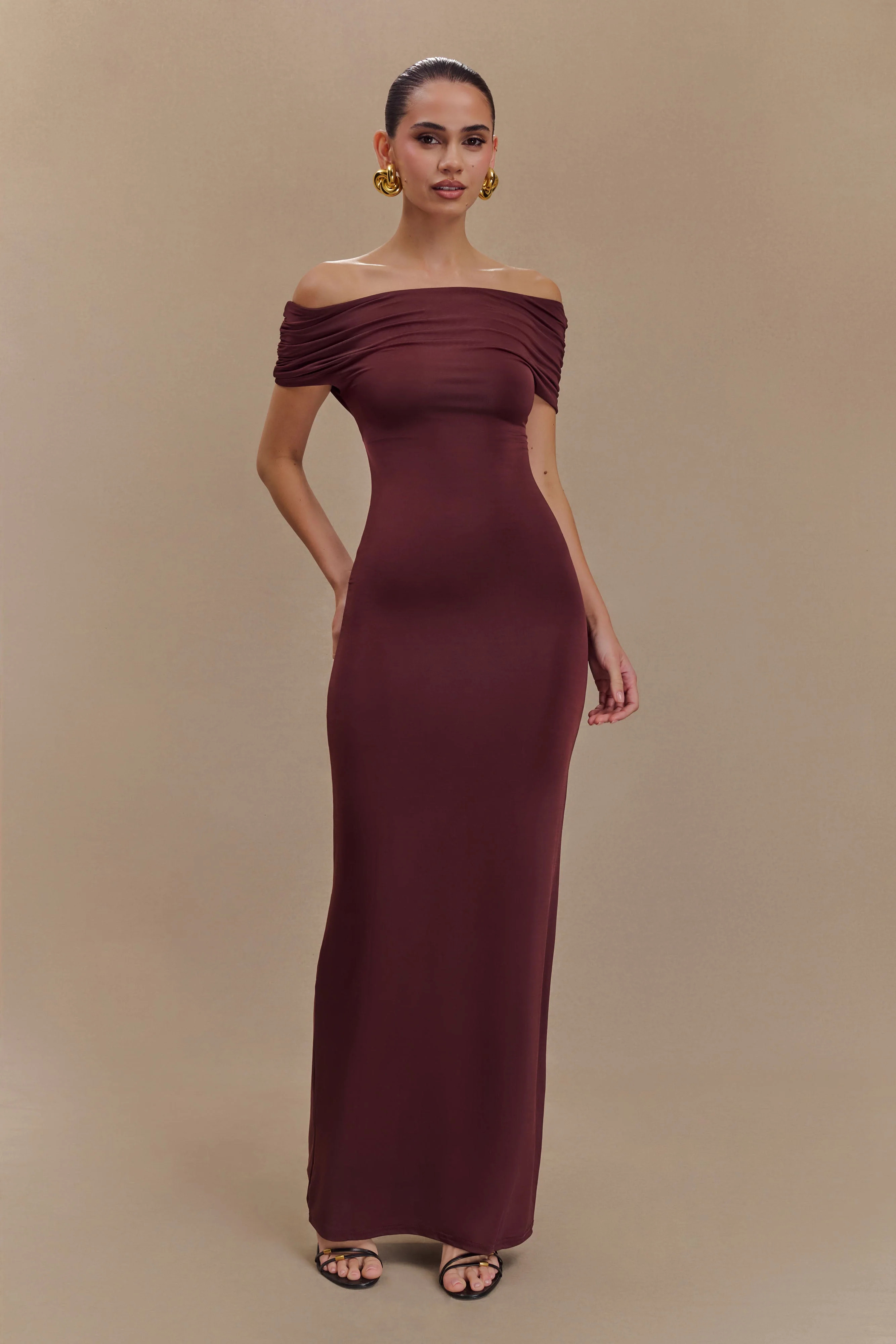 Imogen Off Shoulder Slinky Maxi Dress - Mahogany | MESHKI US
