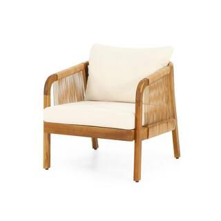Judland Teak Wood and Wicker Outdoor Lounge Chair with Beige Cushion | The Home Depot