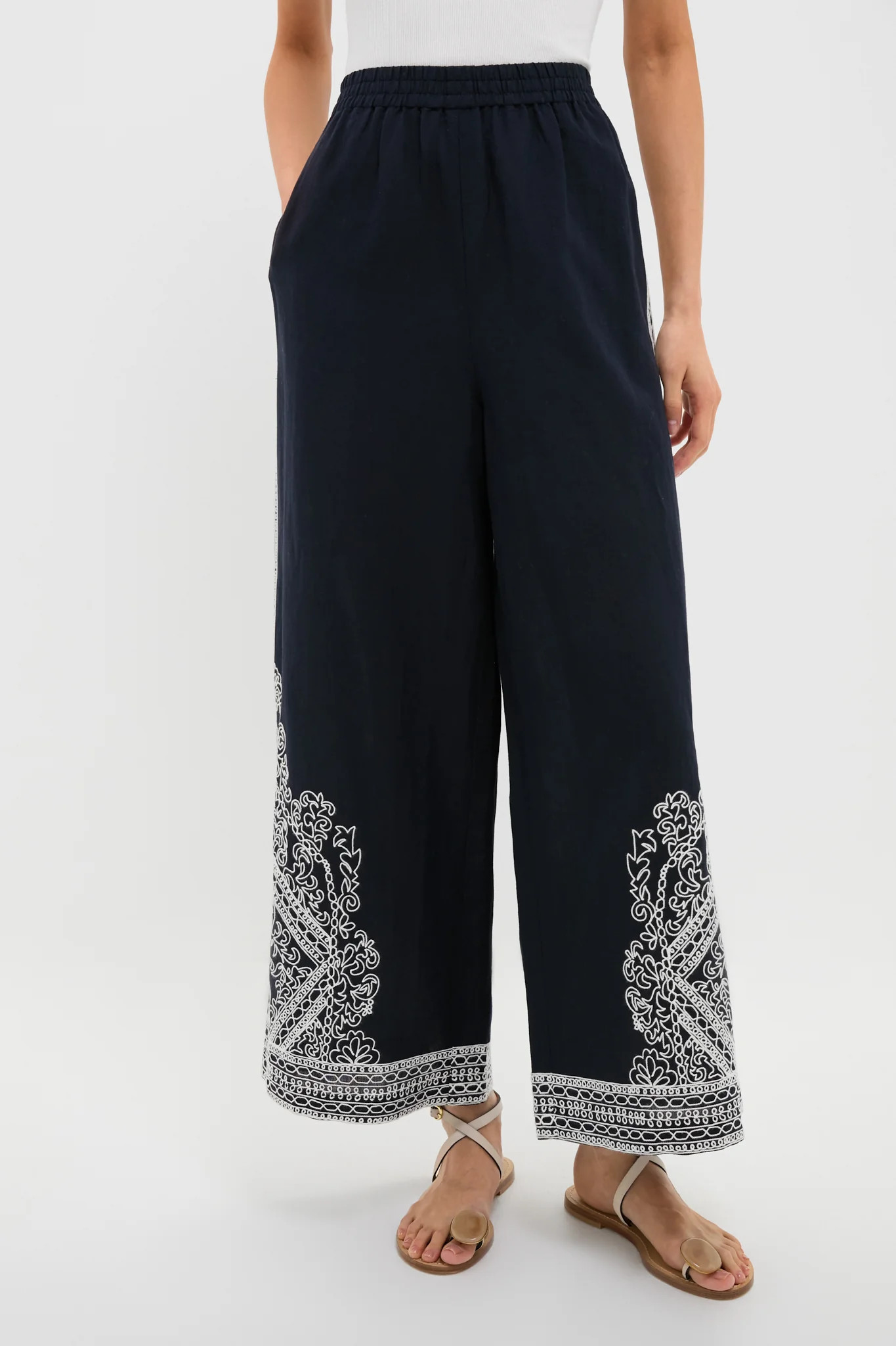Navy and White Embroidered Emme Pants | Tuckernuck (US)