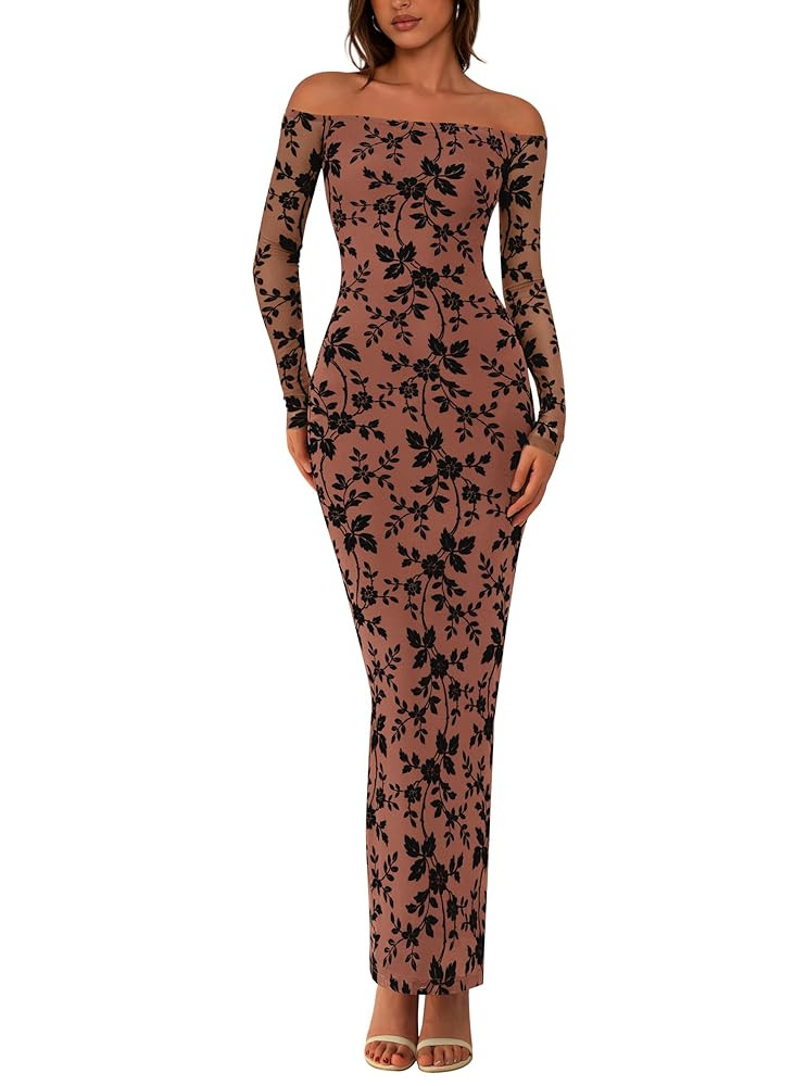 PRETTYGARDEN Womens Off The Shoulder Floral Maxi Bodycon Dress Fall Long Sleeve Mesh Fitted Long ... | Amazon (US)