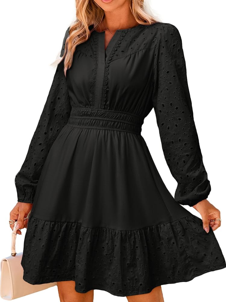 Simplee Womens Eyelet Long Sleeve Mini Dress 2025 Fall Boho Embroidery V Neck A Line Casual Short... | Amazon (US)