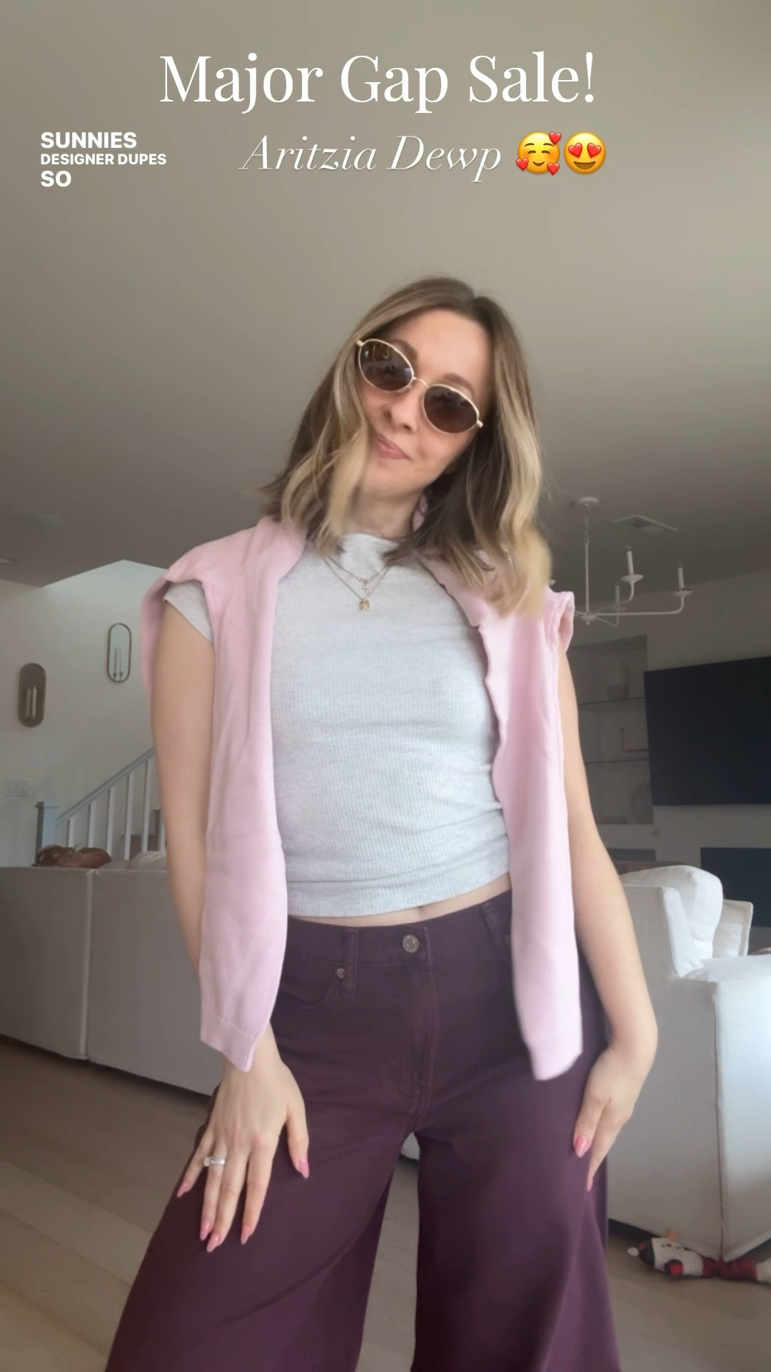 The burgundy baby denim is on major sale for $35!! Wearing size 27 to make it lower rise. Size up one for this fit! The cotton cardigan in pink is also on sale for $55 and will be such a staple in my spring capsule 💗 Aritzia look a like! Wearing size small petite as review said to size up due to shrinkage the cotton in wash. These oval miu miu look a like sunglasses really complete the whole vibe 😍 

Petite 
Spring try on
Spring capsule 
Everyday basics 

#LTKootd #LTKSaleAlert #LTKPetite