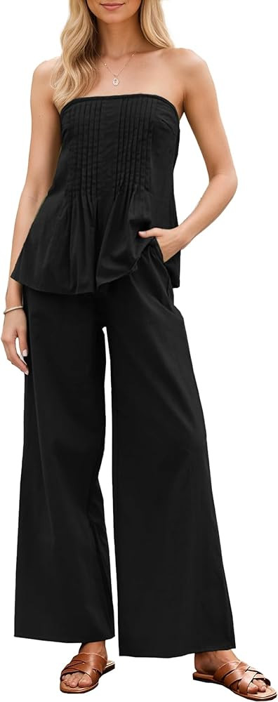 Kikibell Summer Sets Women 2 Piece Outfits Tube Top Wide Leg Pants Casual Beach Vacation Matching... | Amazon (US)