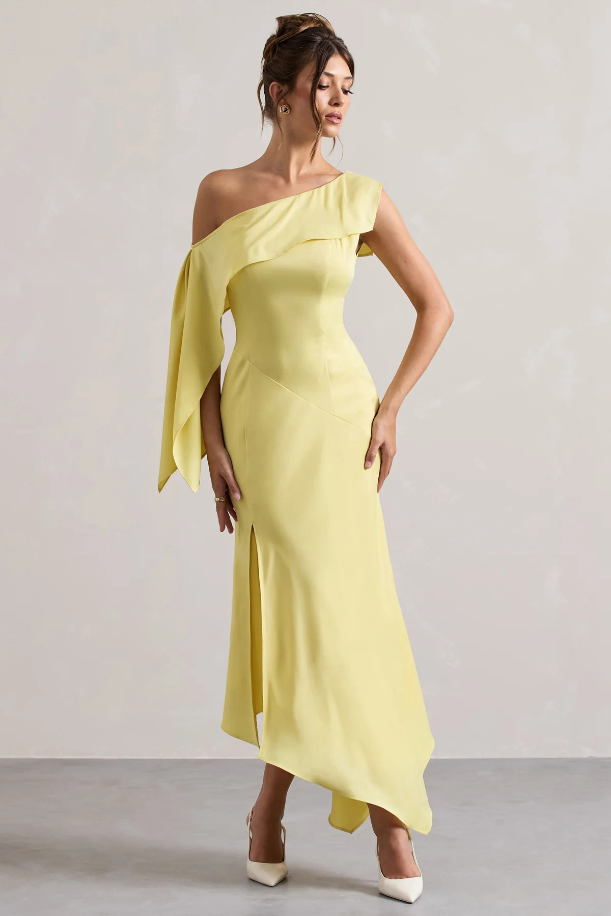 Freesia | Lemon Satin Asymmetric Draped Split Maxi Dress | Club L London