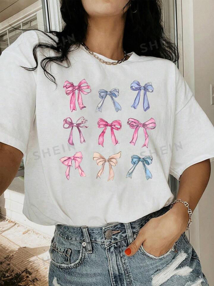 SHEIN Essnce Summer Butterfly Print Round Neck Top With Bow Detail | SHEIN