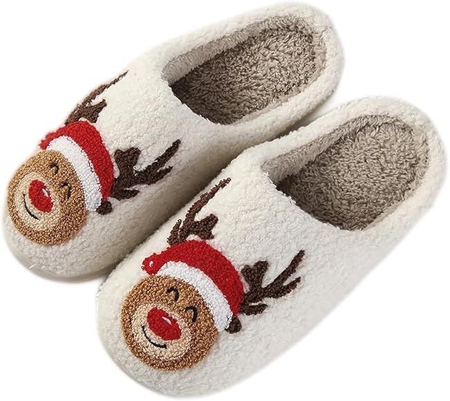 Qubuwalk Cute Cartoon Christmas Slippers Santa Reindeer Slippers Soft Plush Fuzzy Slippers Warm Cozy | Amazon (US)