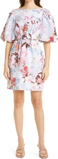 Bonnie Cutout Floral Puff Sleeve Linen Dress | Nordstrom