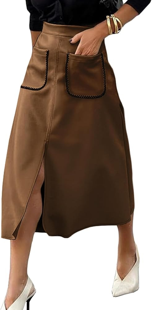Happy Sailed Women's Faux Suede Midi Skirt Fall Winter Elastic Waist Front Pockets A Line Long Wo... | Amazon (US)