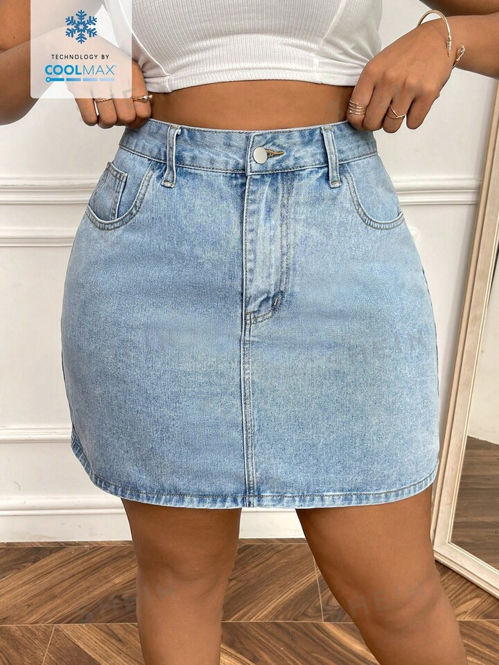 SHEIN SXY Plus Size Summer Solid Color Denim Skirt With Pockets And Buttons | SHEIN