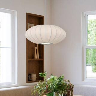 Saucer 60-Watt 1-Light White Silk Shade Pendant Light for Dining Room Bedroom Kitchen, Dia 15.7", E26 Bulb Base | The Home Depot