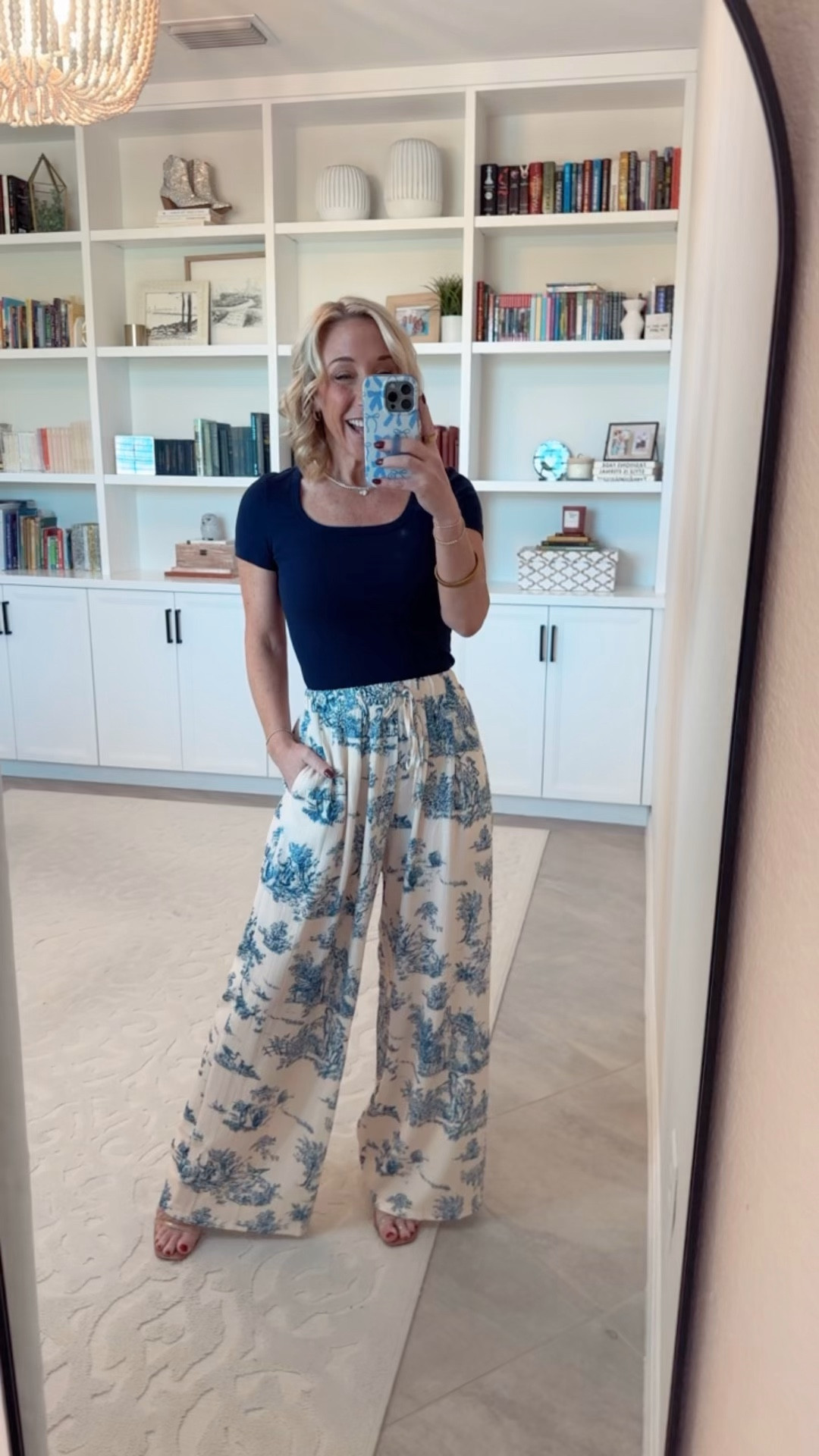 Printed Palazzo Pants - size small. 9 colors. * navy short sleeve t-shirt - size small

#LTKSeasonal#LTKOver40#LTKFindsUnder50 

 