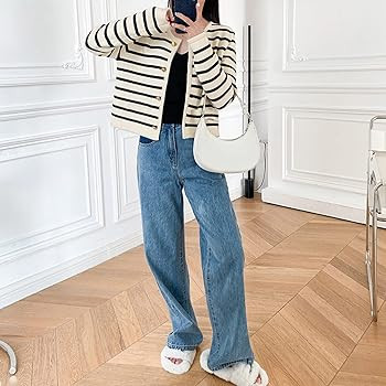 2023 Women's Long Sleeve Striped Sweater Button Cardigan Knitted Open Coat Outwear with Pockets | Amazon (US)