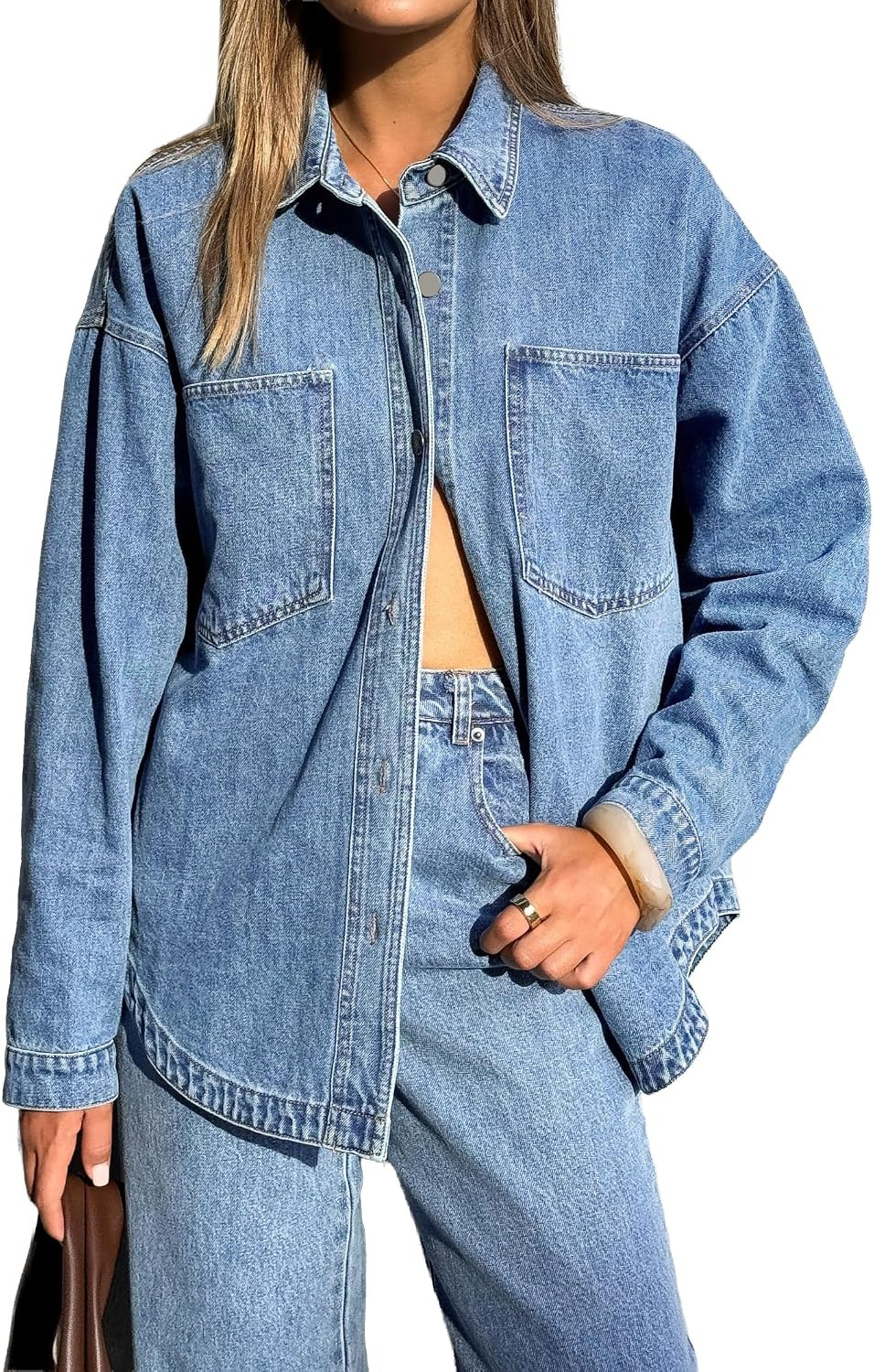 EMMIOL Women Denim Shirts Oversized Long Sleeve Button Down Blouse Distressed Jean Jacket Fall Outfits 2026 | Amazon (US)