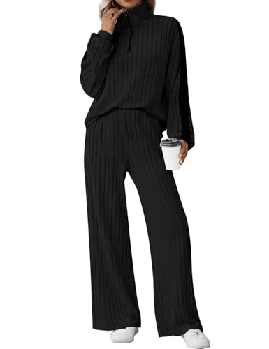 JUSTFASHIONNOW Womens Lounge Sets 2 Piece Outfits Ribbed Knit Half Zip Sweatshirt Wide Leg Sweatpant Set Casual Sweatsuit Tracksuit 2025 Jogging Sweat sets (Black, X-Large) | Amazon (US)