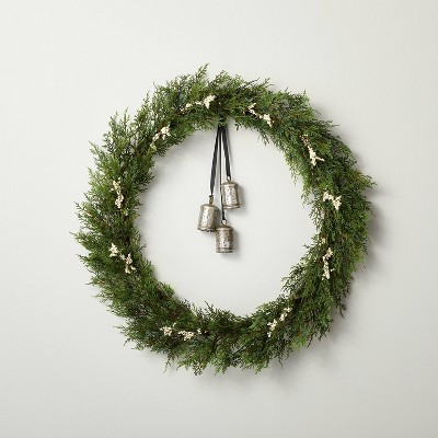 32" Faux Cedar Plant Wreath with White Berries and Bells - Hearth & Hand™ with Magn... | Target