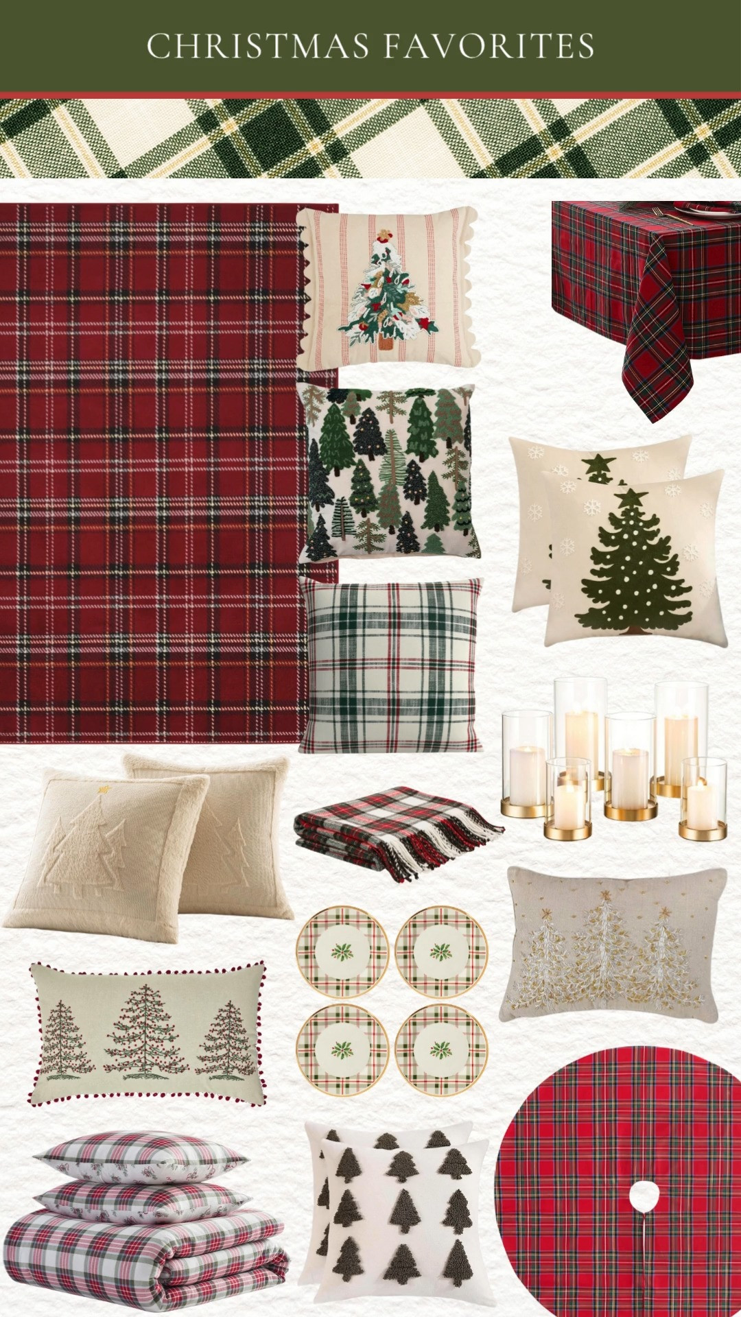 Cozy Christmas decorating made easy! ❤️💚 Loving these festive throw pillows, plaid area rug, plaid tablecloth, tree skirt, and all the classic plaid bedding + throw blanket. Paired with Christmas plates and a beautiful gold candle holder set, these pieces bring the perfect warm + timeless holiday charm to your home. ✨🎄 

 #LTKHoliday #LTKHome