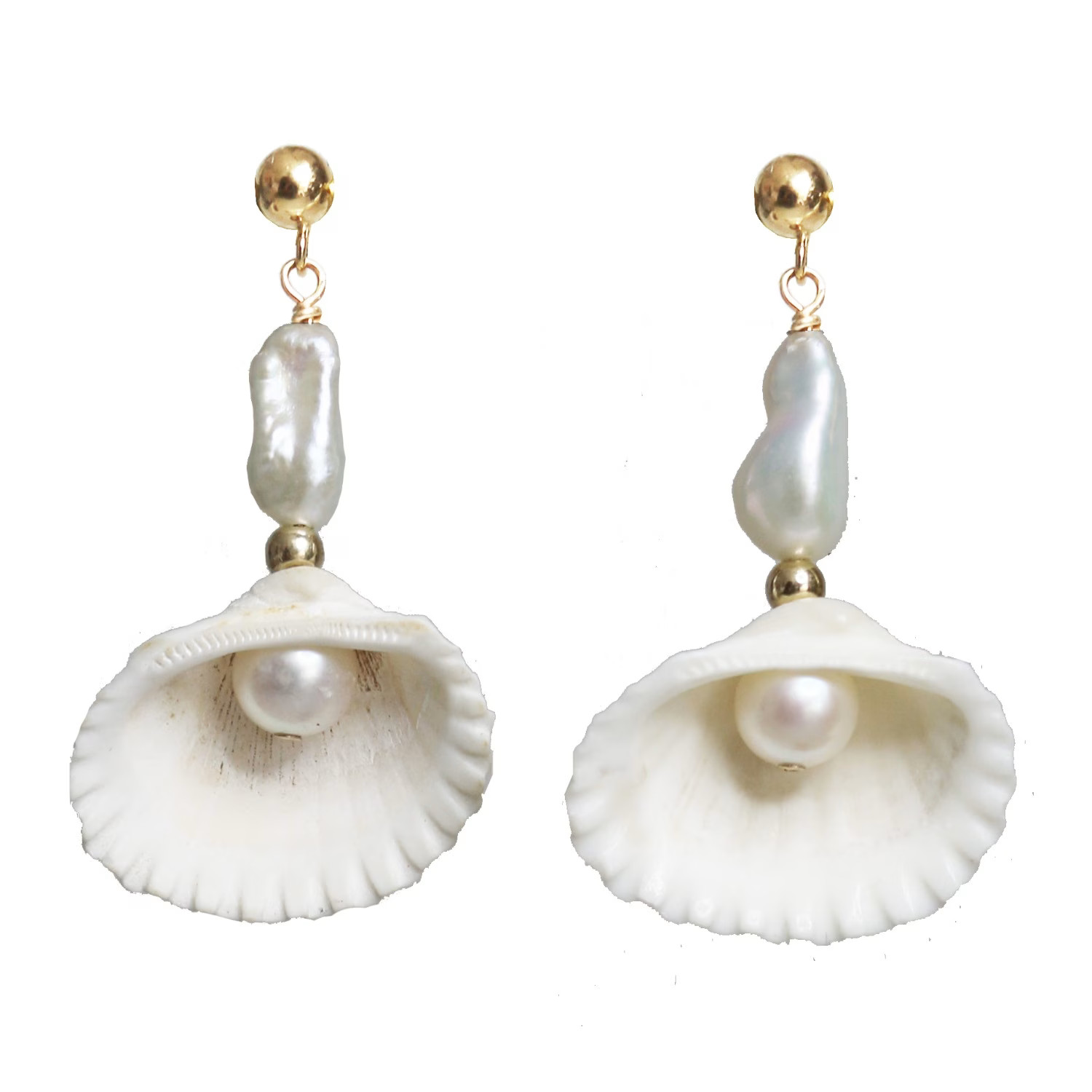 Earrings - Sea Shell White Akoya Keshi Pearl & Gold | Wolf & Badger