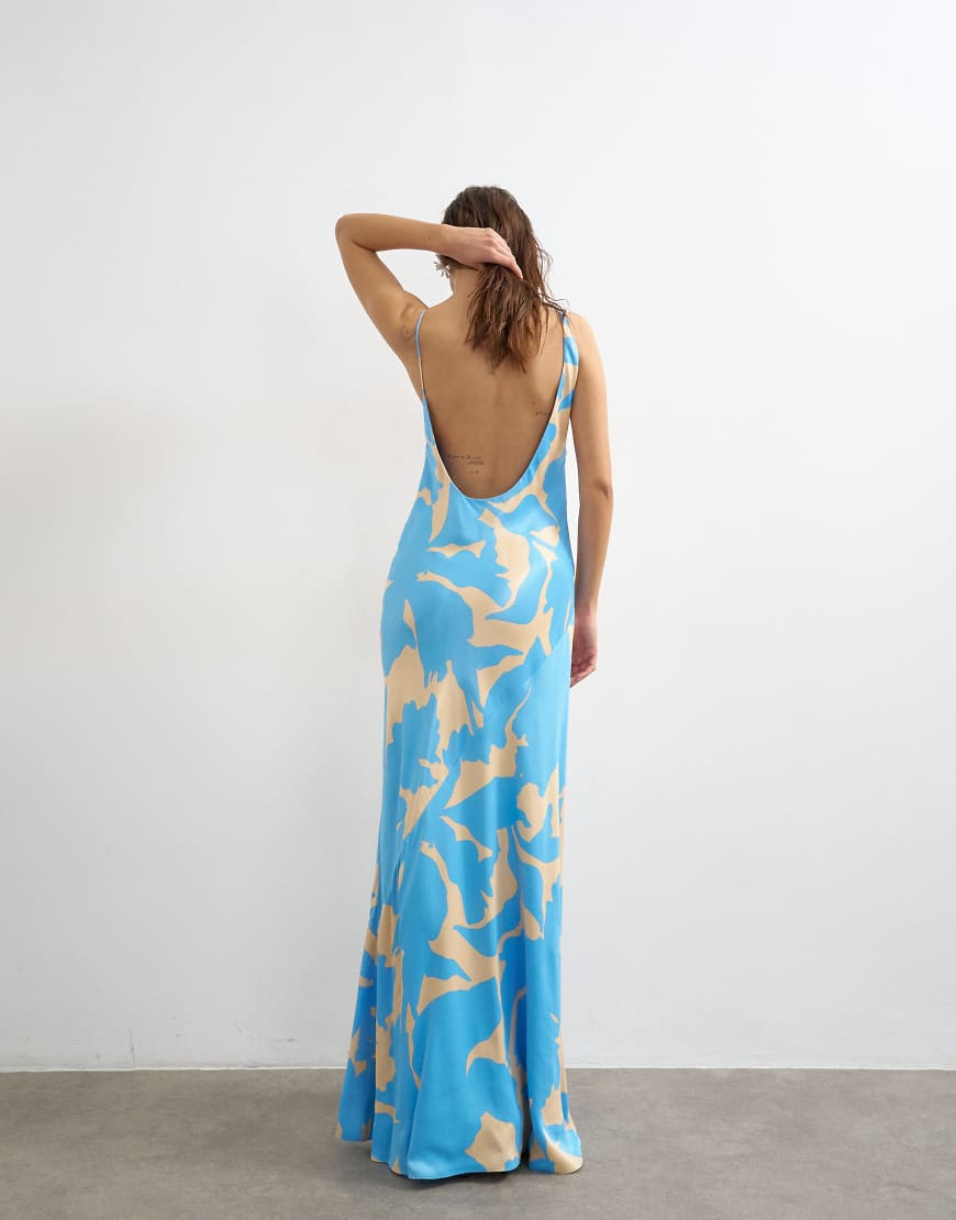 Topshop satin bias halter neck open scoop back maxi dress in blue floral-Multi | ASOS (Global)
