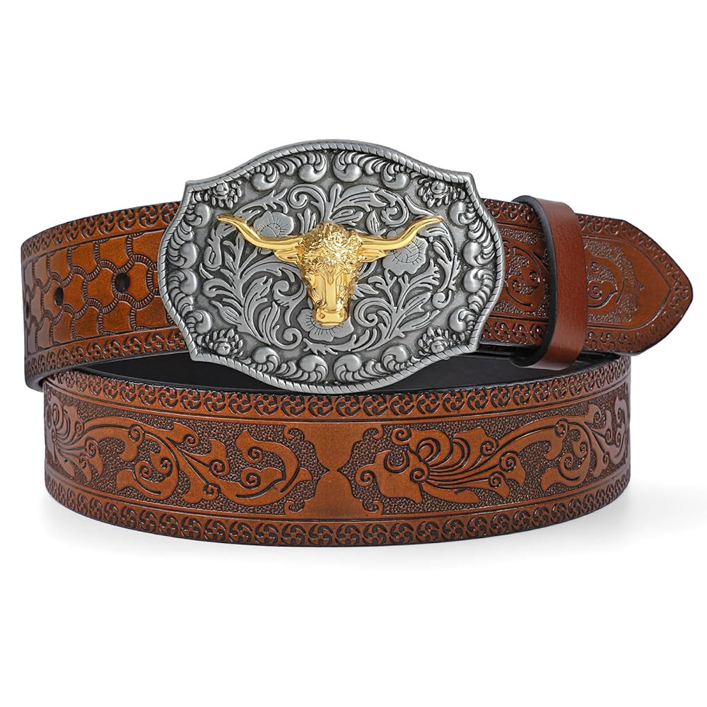 LEACOOLKEY Western Cowboy Leather Belt for Men Longhorn Bull Buckle Belt 1.5" Wide Floral Engrave... | Amazon (CA)