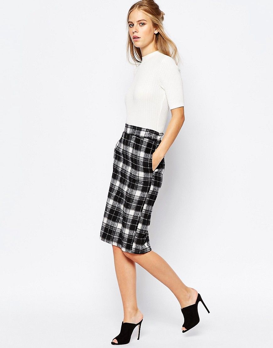 The Laden Showroom X Among Plaid Pencil Skirt with Back Split - Black | ASOS US