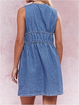 SHENHE Women's Deep V Neck Tie Bow Sleeveless Denim Mini Dress Summer Casual Jean Tank Dresses | Amazon (US)