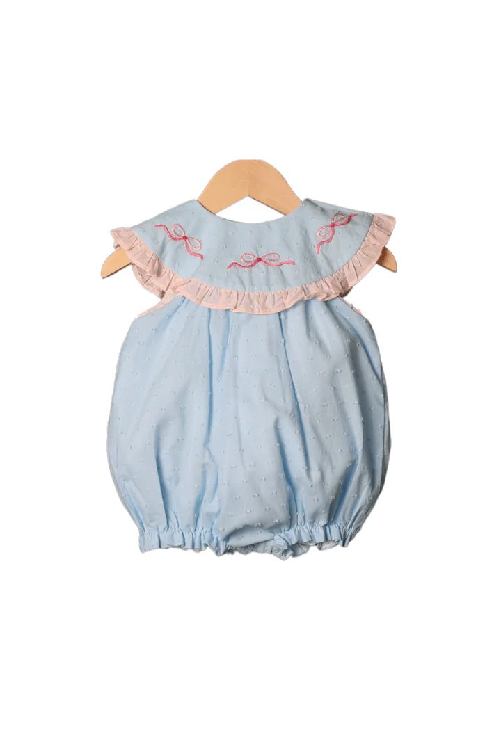 Sweet Embroidered Bow Blue Swiss Dot Bubble | The Smocked Flamingo