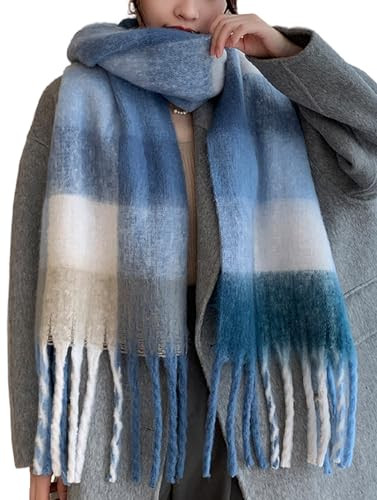 Wander Agio Winter Women Warm Scarf Long Shawl Large Scarves Cold Weather Thick Blanket Scarfs Colorful Plaid Light Blue 8 | Amazon (US)
