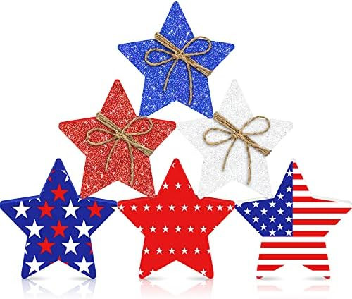 6Pcs 4th of July Patriotic Wooden Glitter Star Signs Table Decor- 4th of July Decorations- Patrio... | Amazon (US)
