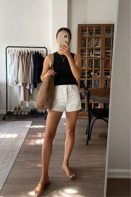 Casual Summer outfit 
Tank xs - linked to similar styles 
White denim shorts - old from Madewell, linked to similar style 
Sandals / straw tote 

#LTKSeasonal #LTKstyletip