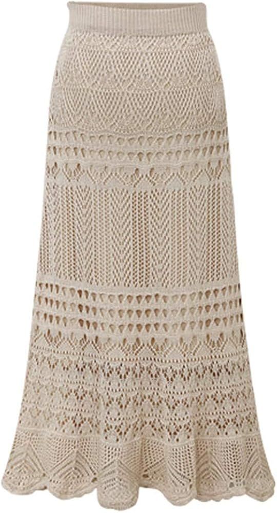chouyatou Women's Stretched High Waist Crochet Hollow Out Knit Flowy Patterned Lace Maxi Skirt | Amazon (US)