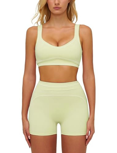 ABOCIW Workout Sets for Women Contrast Trim Sports Bra Matching High Waist Shorts 2 Piece Gym Sets Woman Yoga Pilates Outfits Active Wear Athletic Work Out Clothes Light Green Medium | Amazon (US)